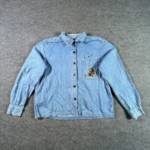 Christopher & Banks Trucker Jacket Women's L Blue Denim Teddy Bear Embroidered